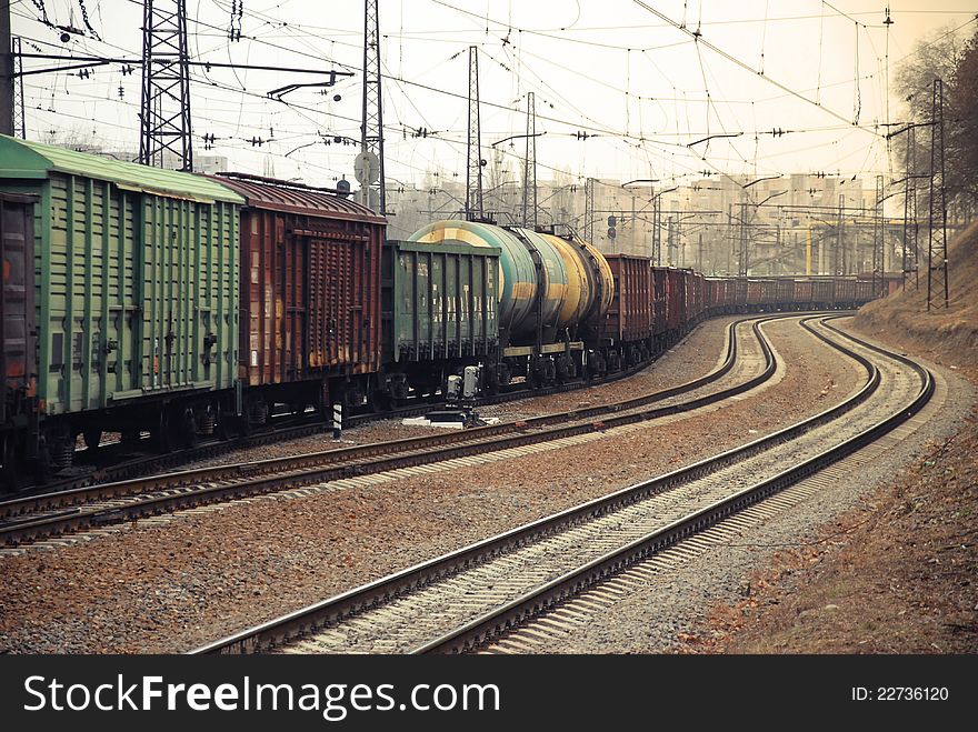 Railway into the distance, winding steel transportation, travel. Railway into the distance, winding steel transportation, travel