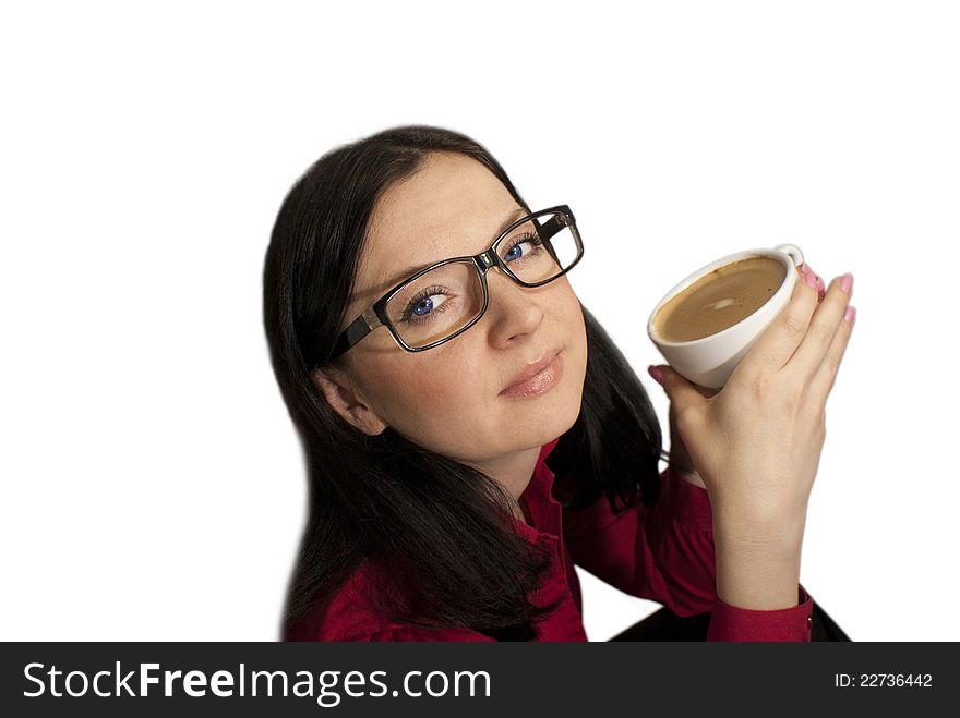 Brunette girl with glasses trying to flavored coffee. Brunette girl with glasses trying to flavored coffee