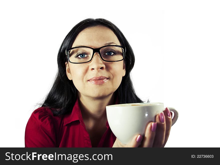 Brunette girl with glasses trying to flavored coffee. Brunette girl with glasses trying to flavored coffee