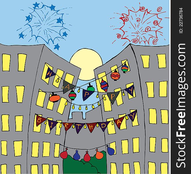 Illustration of a birthday card with decorated buildings. Illustration of a birthday card with decorated buildings