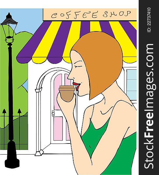 Girl drinking coffee in front of a cafe