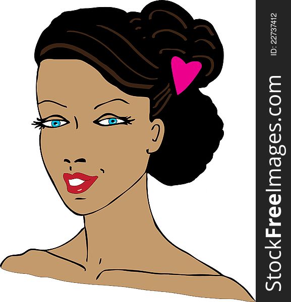 Woman face with a heart shaped hair clip in her ha