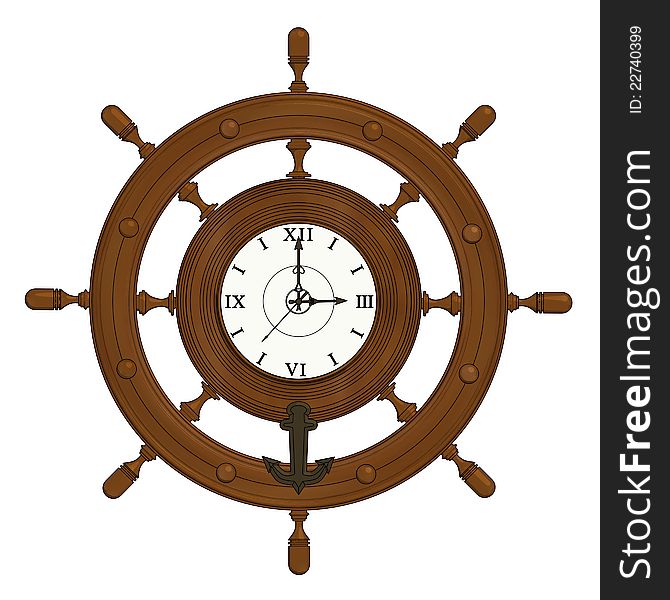A cartoon wheel clock in marine style. A cartoon wheel clock in marine style