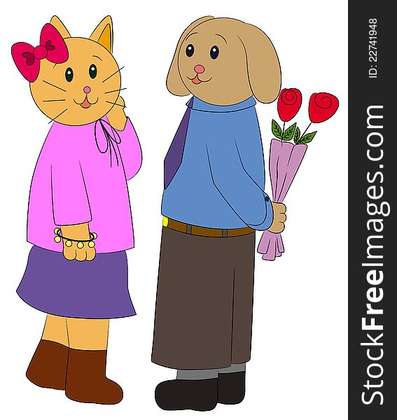 A humorous cartoon illustration of a dog about to give flowers to a cat. A humorous cartoon illustration of a dog about to give flowers to a cat