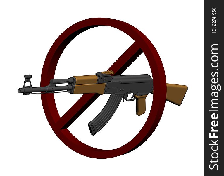 A three dimensionally rendered rifle with a banned sign. A three dimensionally rendered rifle with a banned sign