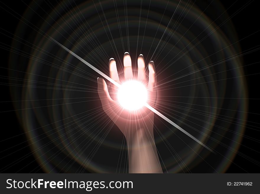 A three dimensionally rendered hand holding a glowing light. A three dimensionally rendered hand holding a glowing light