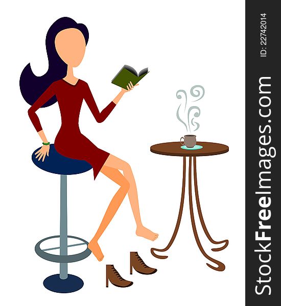 An abstract illustration of a girl relaxing while reading a book and having coffee. An abstract illustration of a girl relaxing while reading a book and having coffee