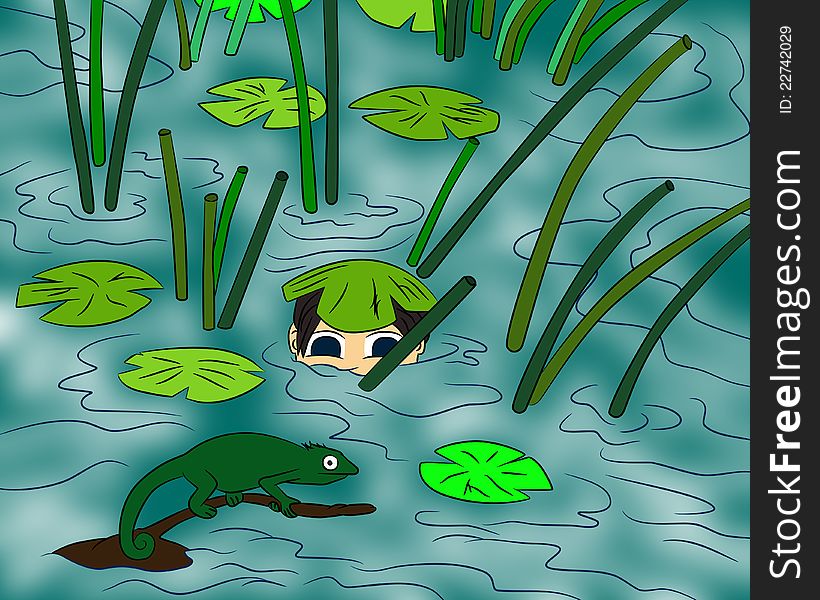 A cartoon illustration of a man in a swamp with a lizard and reeds