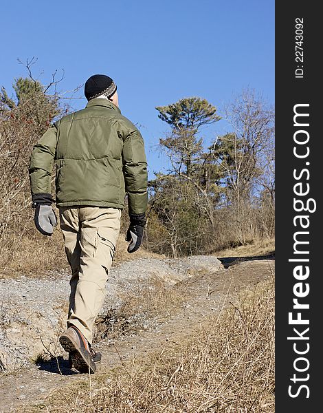 A man dressed for winter hiking climbs a trail through a wooded dune in January. Typically, there should be snow on the ground in Ontario at this time of year. A man dressed for winter hiking climbs a trail through a wooded dune in January. Typically, there should be snow on the ground in Ontario at this time of year