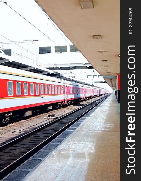 Platform in a railway station,a train arrived.