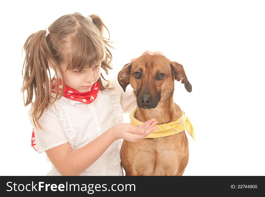 Little Girl With Her â€‹â€‹pet Isolated On White