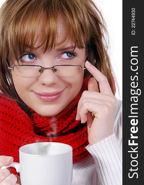 Winter girl with glasses and cup