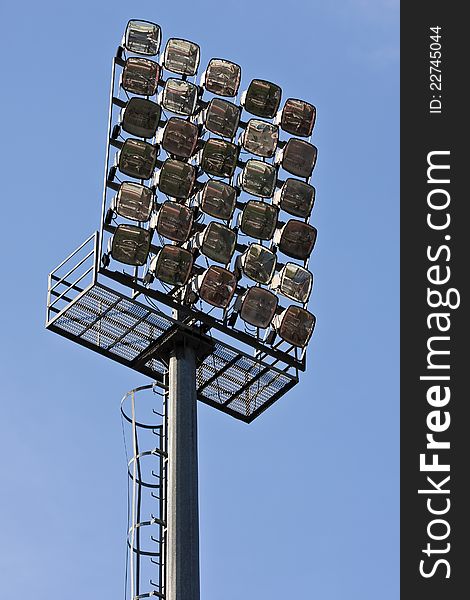 A bank of lights at a football stadium. A bank of lights at a football stadium