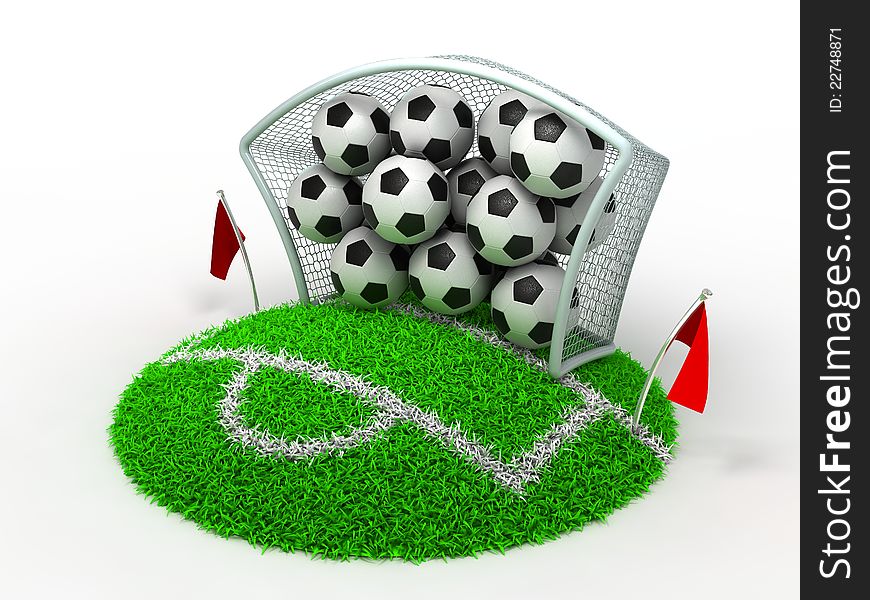 3D Concept Football in Gate on White Background