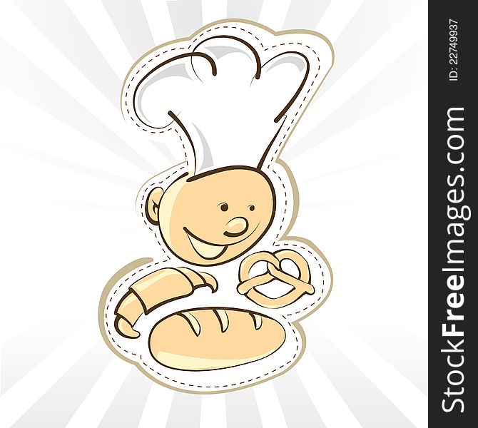 Happy baker cartoon character with pretzel bread and rolls. Happy baker cartoon character with pretzel bread and rolls
