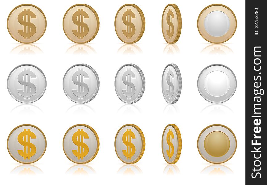 Coins with dollar money symbol, vector illustration in gold & silver. Coins with dollar money symbol, vector illustration in gold & silver