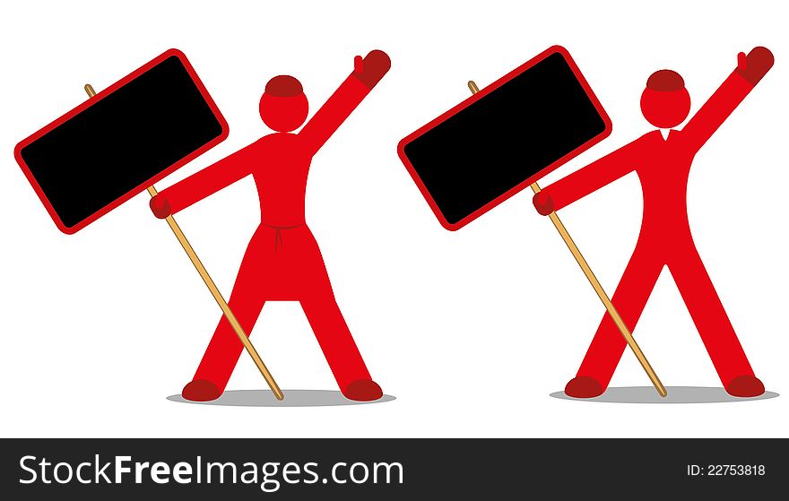 The image of striking workers with posters on a white background. The image of striking workers with posters on a white background.