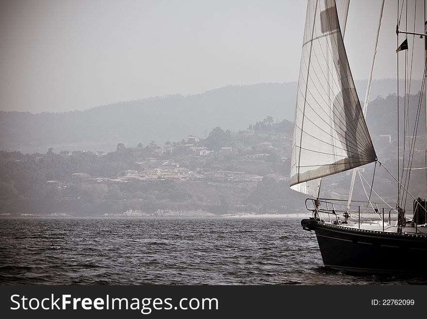 Sailboat sailing waters of Galicia, Spain. Sailboat sailing waters of Galicia, Spain
