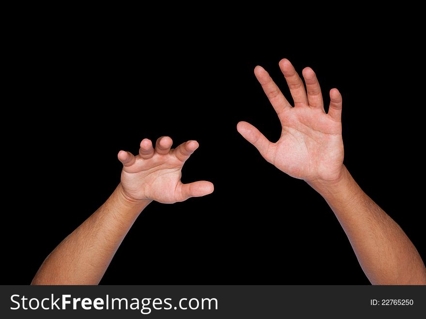 Men's arms elbow grab isolated on black background. Men's arms elbow grab isolated on black background