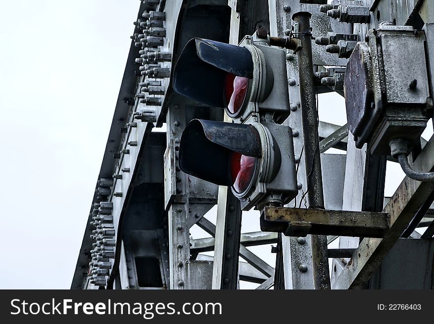 Ship traffic light installed on old bridge in Bratislava, capital of Slovakia