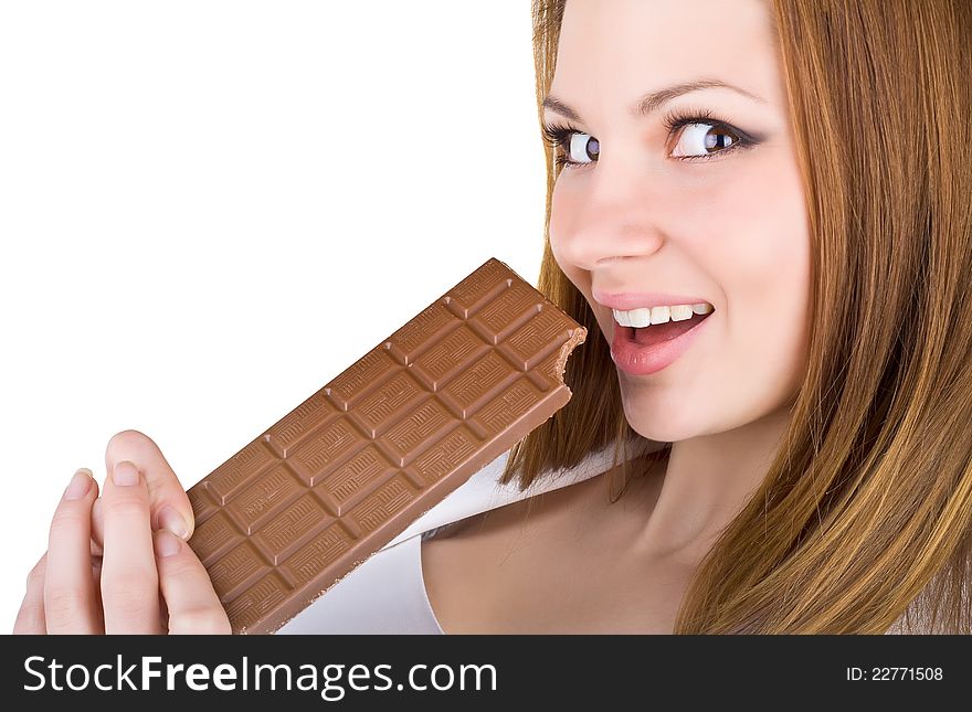 Portrait of beautiful woman with a chocolate, isolated on white background