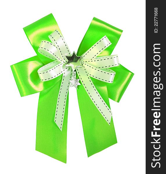 Green ribbon and bow Isolated on white background