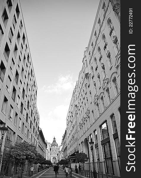 View of the Basilica from the old street of Budapest. View of the Basilica from the old street of Budapest