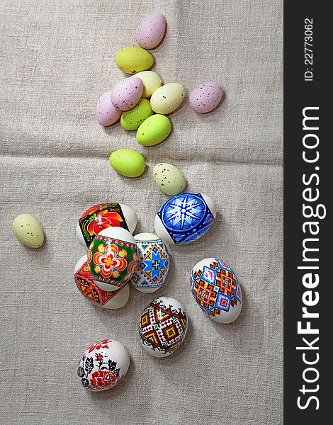 Easter Eggs On Linen Fabric