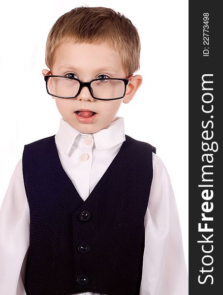 Portrait of a boy with glasses isolated on white background