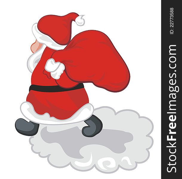 Santa walking on clouds with his heavy sack. Santa walking on clouds with his heavy sack