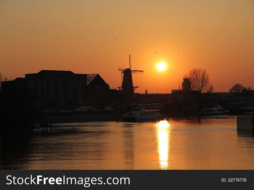 Windmill Dordrecht the Netherlands sundown. Windmill Dordrecht the Netherlands sundown