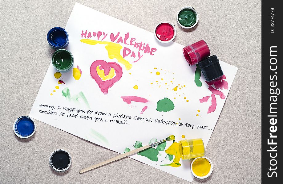 Picture on Valentine's Day with a brush and gouache painted in different colors. Picture on Valentine's Day with a brush and gouache painted in different colors