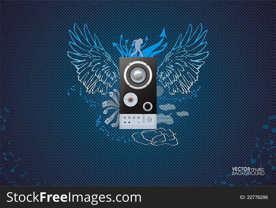 Music blue background with speaker and wings. Music blue background with speaker and wings