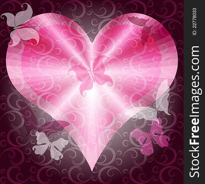 Dark pink valentines frame with heart, curls and butterflies (vector EPS 10)