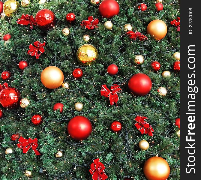 Close up decorative christmas balls and Christmas tree