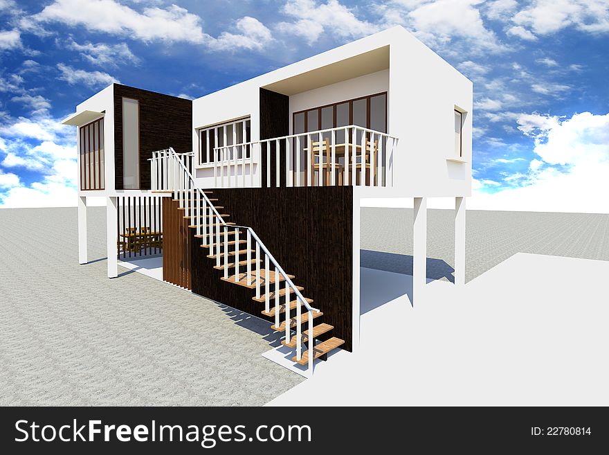 3d Modern house rendered with blue sky.