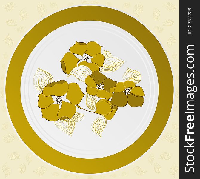 Illustration of plate with yellow flowers. Illustration of plate with yellow flowers