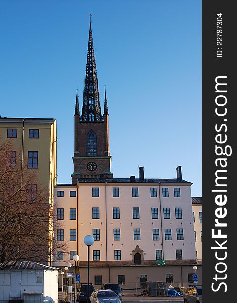 Historical Stockholm architecture, buildings in old town, January 2012