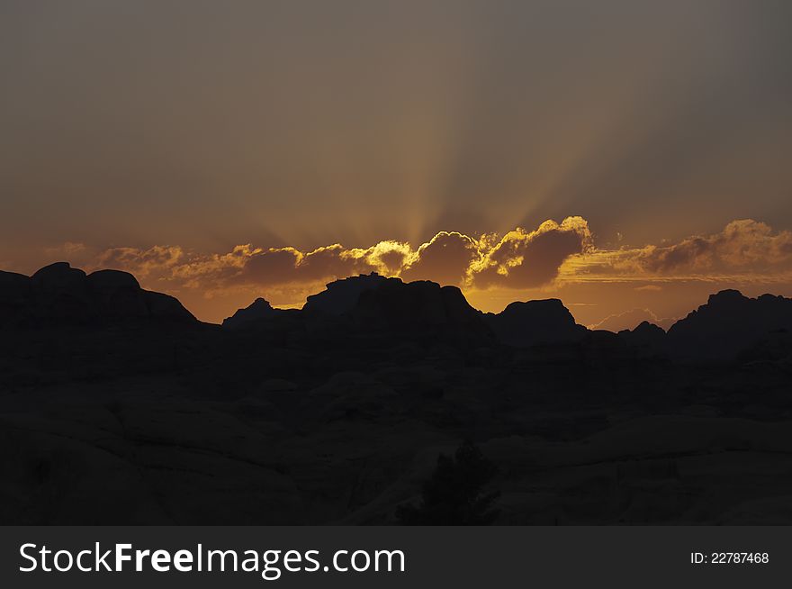 Sunset over Petra, Jordan from the visitor's entrance