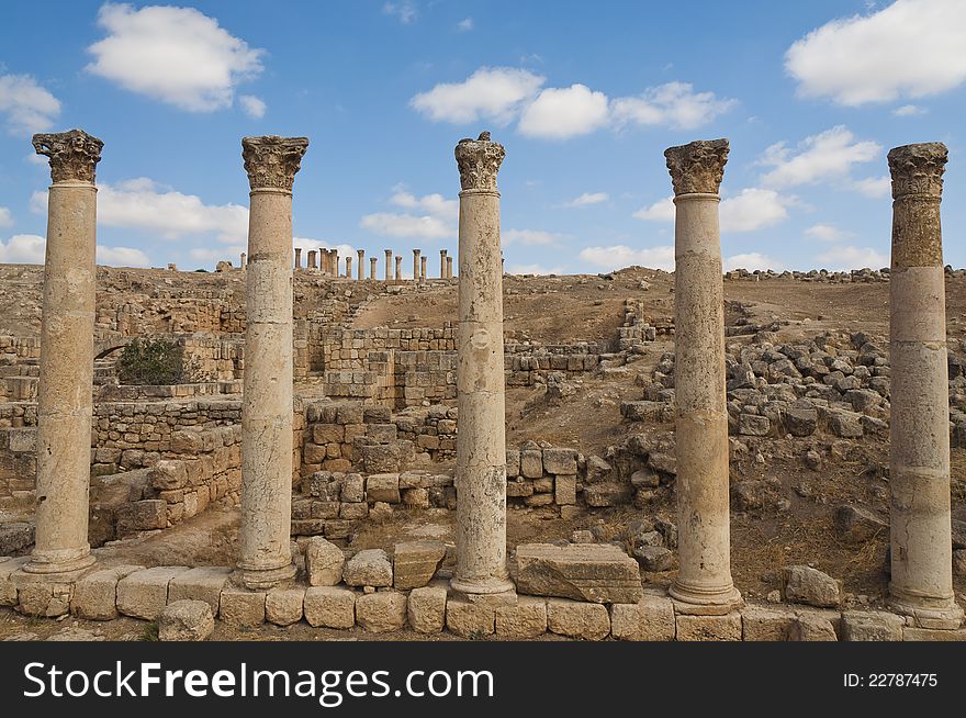 Five columns along the Roman road in Jerash