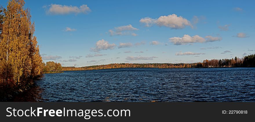 Landscape with lake in an autumn sunny day, Imatra, Finland