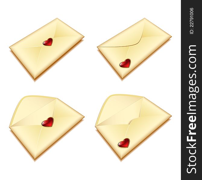 Set of gold envelopes with a seal in the form of heart. Set of gold envelopes with a seal in the form of heart