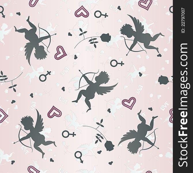 Seamless Pattern With Cupids And Roses