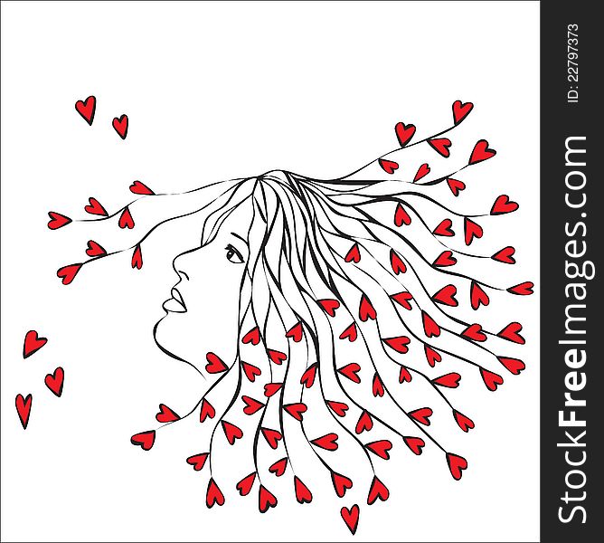 Woman with hearts in hair - abstract illustration