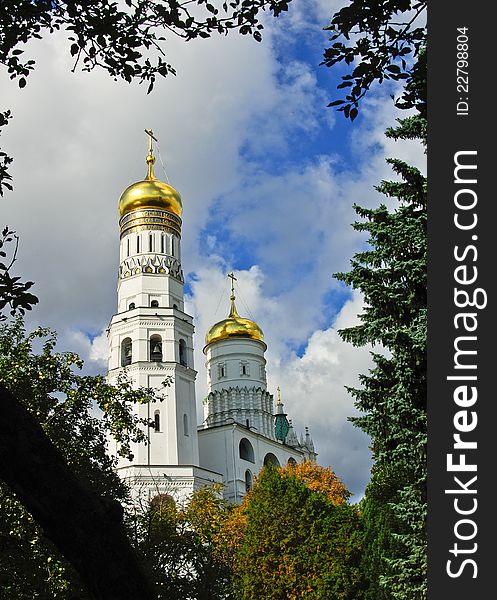 Great Cathedrals of Moscow Kremlin. Ivan Great bell tower in Kremlin, Russian historic architecture.