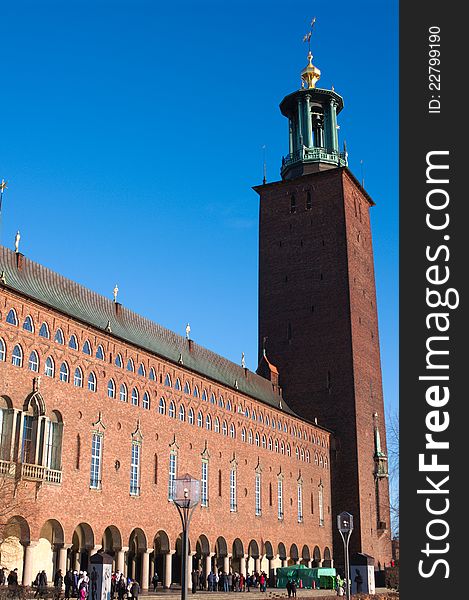 Stockholm architecture, tower and brick walls of town hall, January 2012