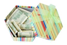 Gift Box With The Dollars Pile Stock Image