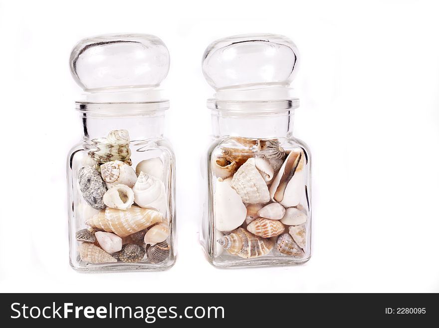 Small shells in jar on white background