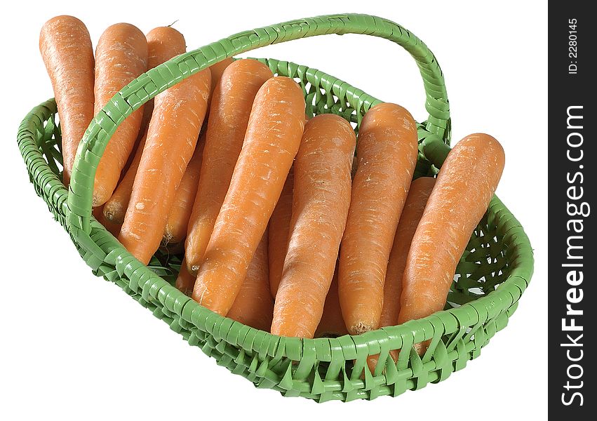 Basket Of Raw Carrots Isolated
