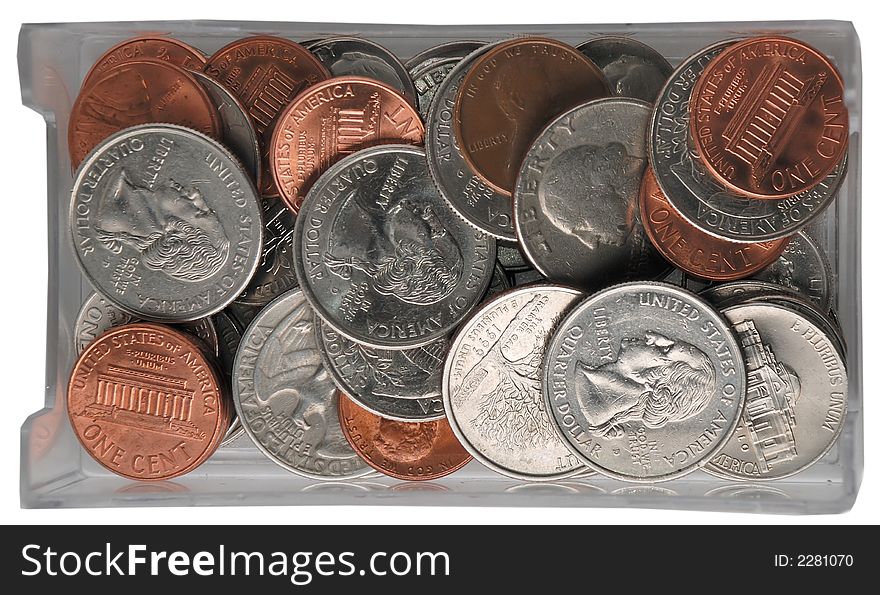 Coins white and red isolated on white background. Copper and silver.